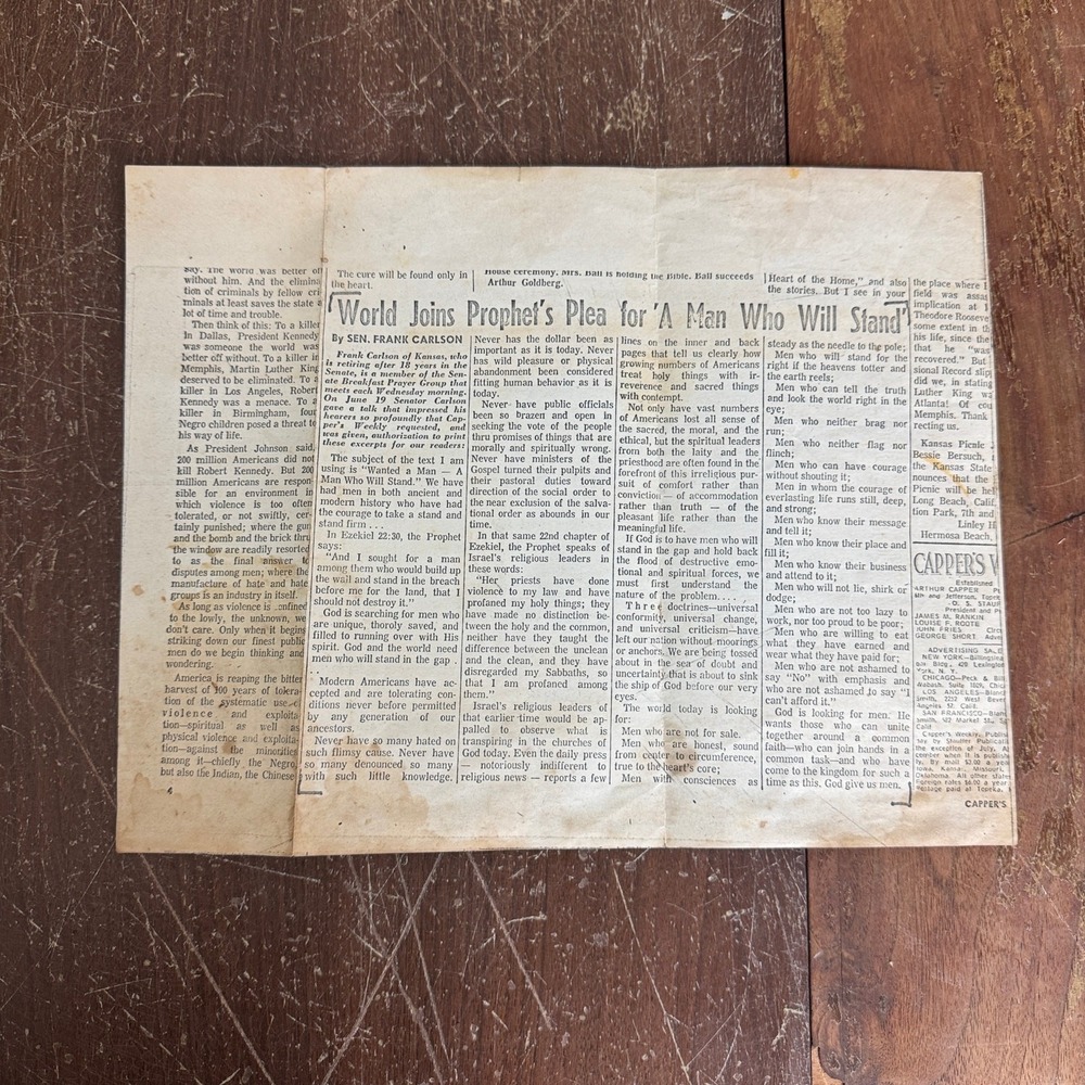 1969 Newspaper reprint Excerpt Senator Frank Carlson Prophet's Plea Article‎